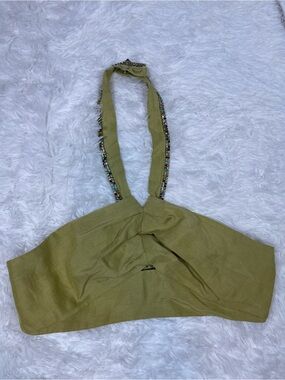 Sandro Women’s Olive Halter Crop Top with Jeweled Straps Size 4 NWT